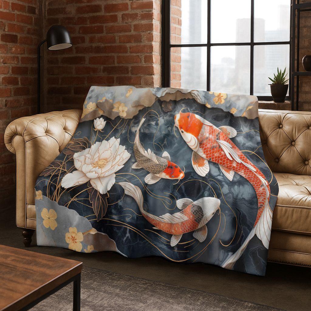 Luxuriöse Glückskarpfen Yin Yang Karpfen Cartoon Flanell Decke, Gemütliche Weiche Überwurfdecke für Zuhause Schlafzimmer Bett Sofa Abdeckung Geschenk Kind