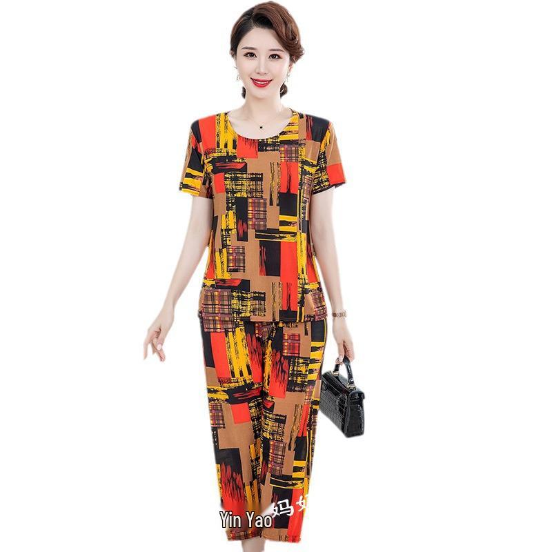 Autumn Ice Silk Two-Piece Set for Women: Loose, Elastic, Short Sleeve Homewear for Middle-Aged and Elderly