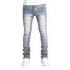 Men's European & American Fashion Straight Denim Pants with Elastic Pearl Layered Detail