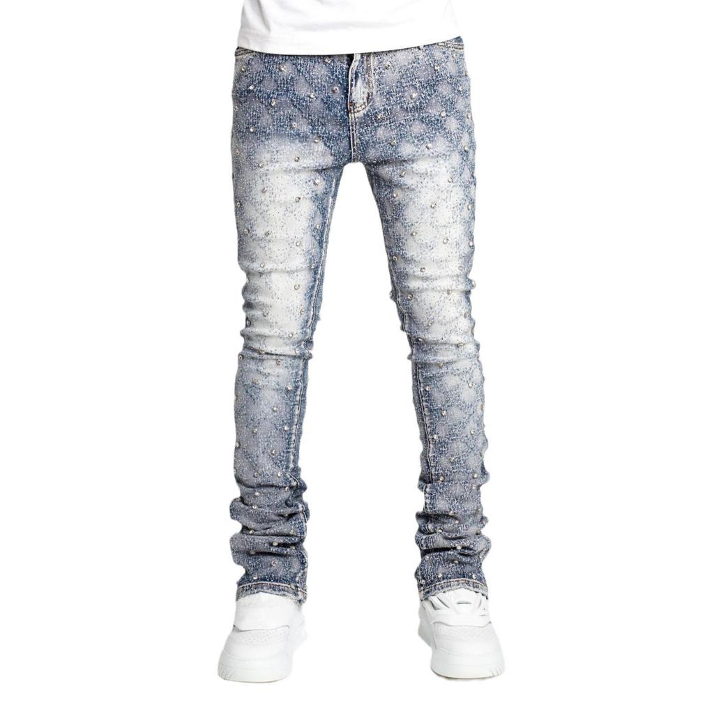Men's European & American Fashion Straight Denim Pants with Elastic Pearl Layered Detail