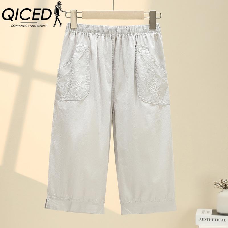 QICED Summer Women Elastic Waist Straight Trousers Middle Age Older Women High Waist Straight Pants Washed Cotton Cropped Plus Size Pants