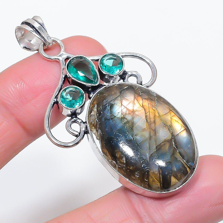 

Natural Labradorite, Topaz 925 Sterling Silver Jewelry Pendant 2.36 M8K13