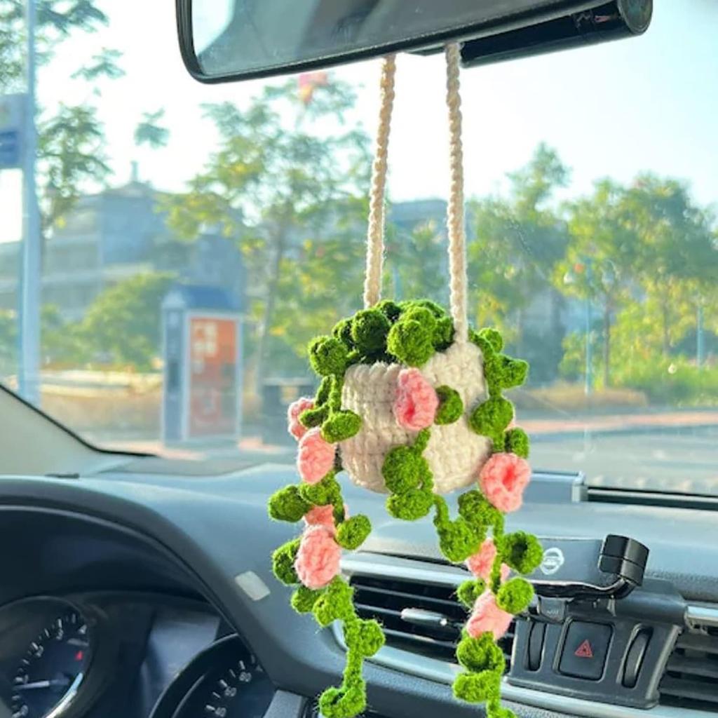 Crochet Hanging Plant for Car, Cute Car Plant Accessories, Knitted Plant Car Mirror Hanger, Boho Car Plant Crochet Hanging Basket (A)