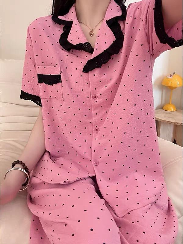 Internet celebrity pink polka dot pajamas women s summer short-sleeved shorts lace loungewear women s outing suit S