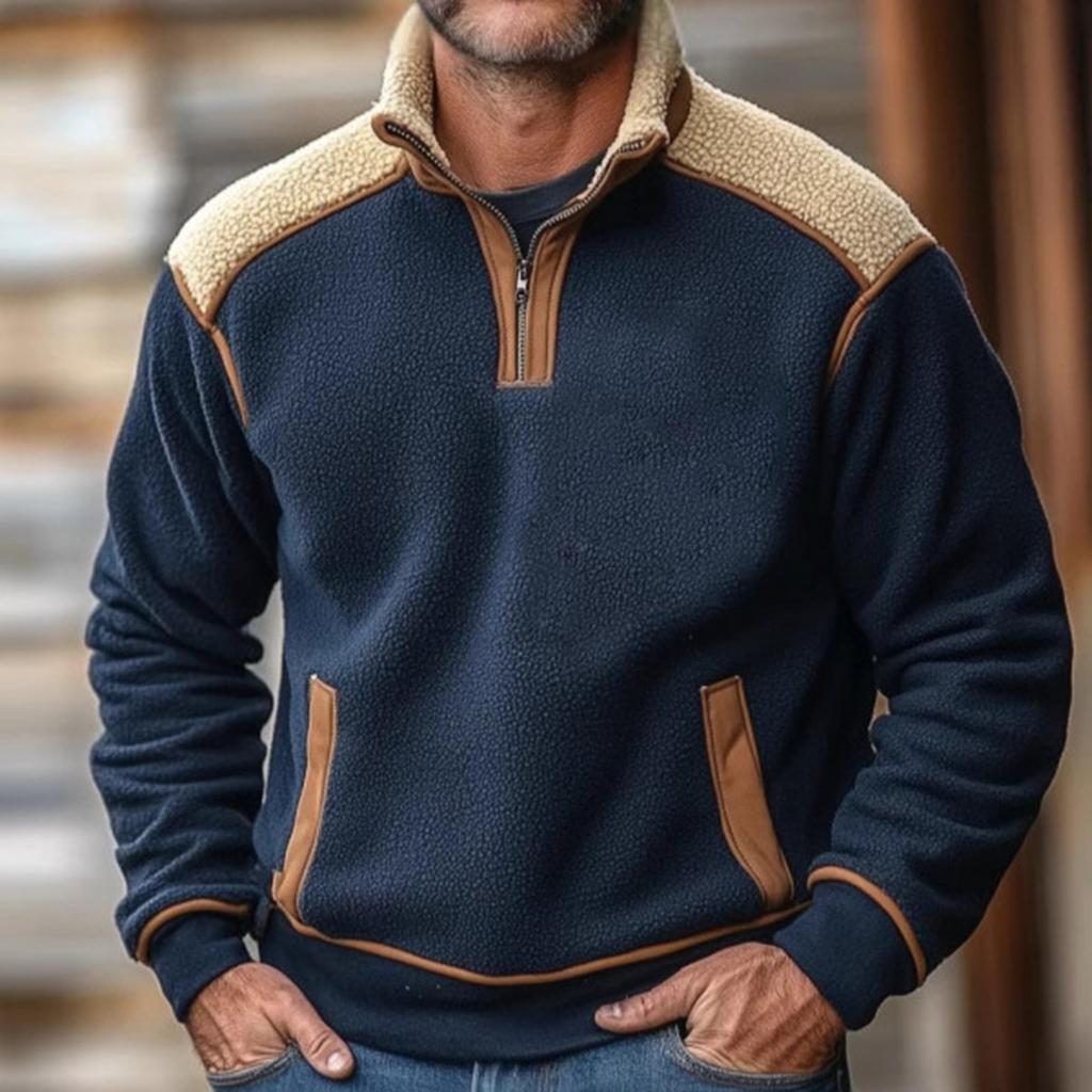 Men's Colorblock Lambskin Half Zip Stand Collar Sweatshirt Men's Sports Large Size Casual Stand Collar Sweatshirt