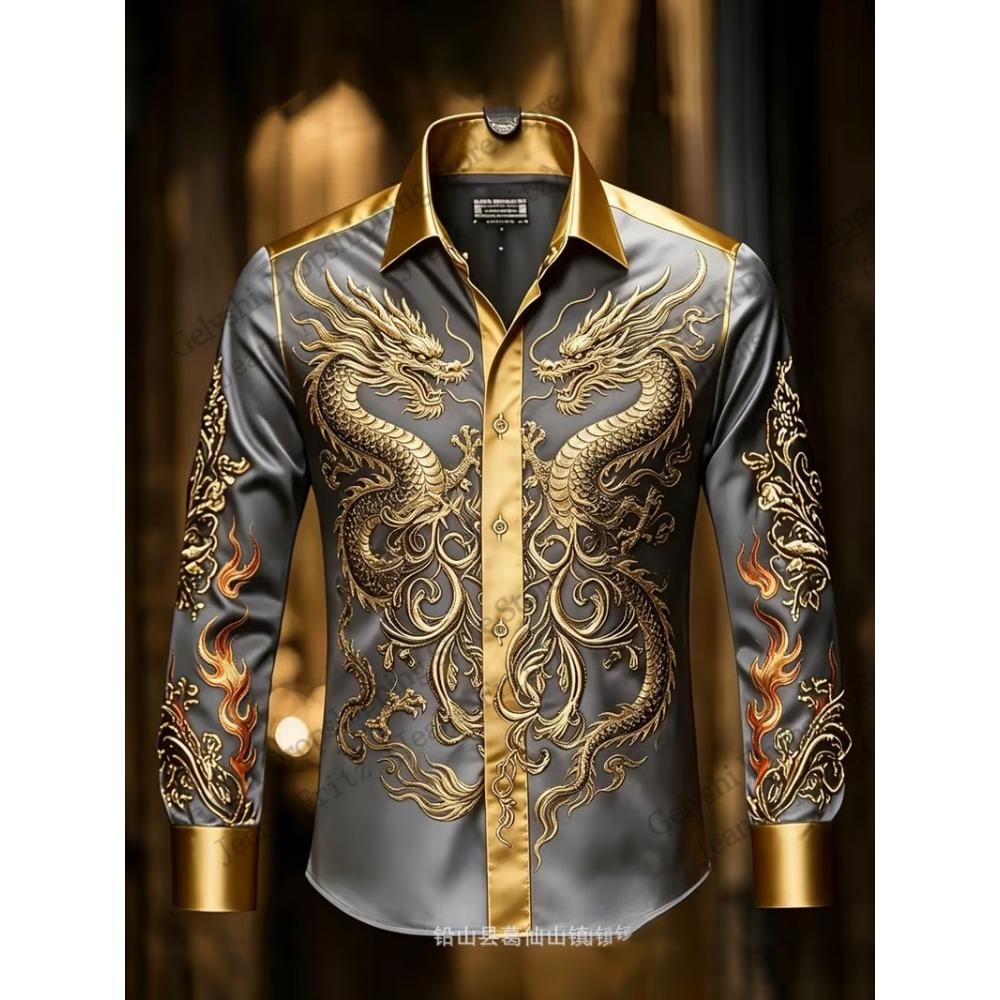 Long Sleeve Button Up Luxury Golden Shirt Chinese New Year Dragon 3d Print Hawaiian Shirt Men Women Fashion Eagle Design Blouse