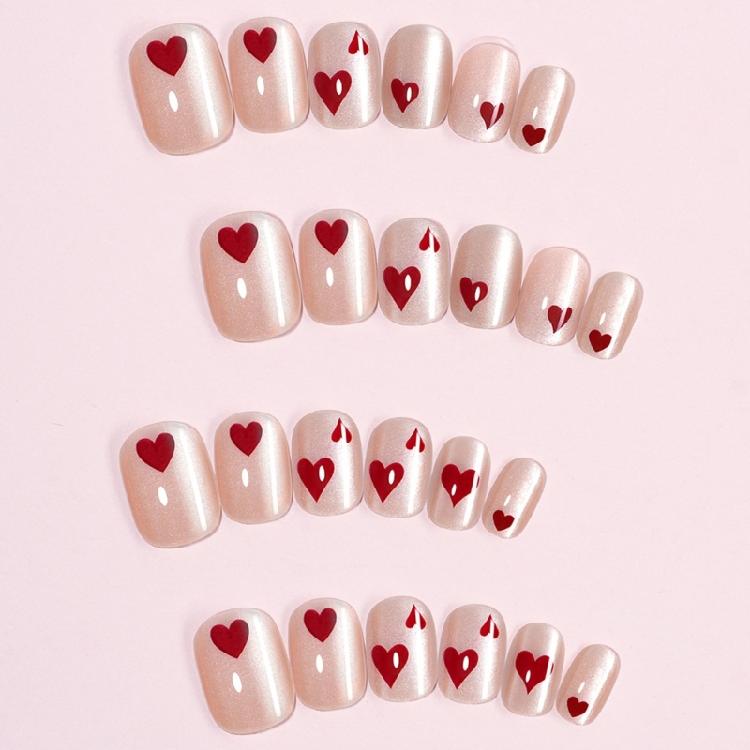 24Pcs Heart Pattern Short Square Press On Nail Fashion Cats Eye False Nail Suitable For Adults And Children