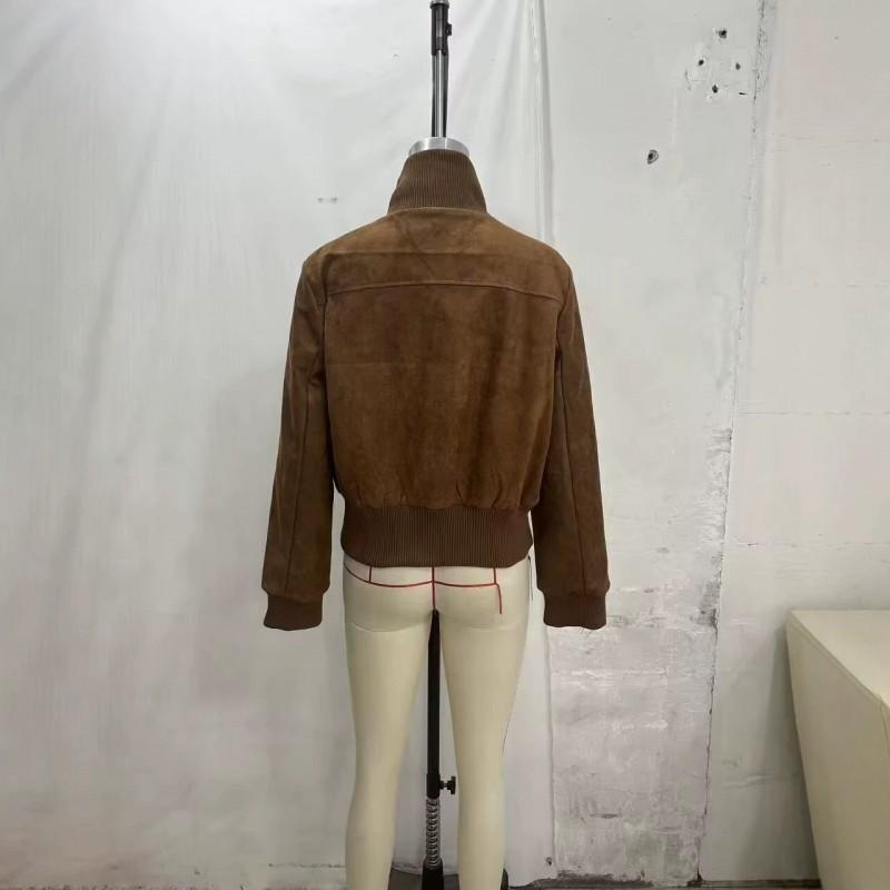 Womens Faux Suede Bomber Jacket Solid Color Casual Stand Collar Zip Up Outerwear