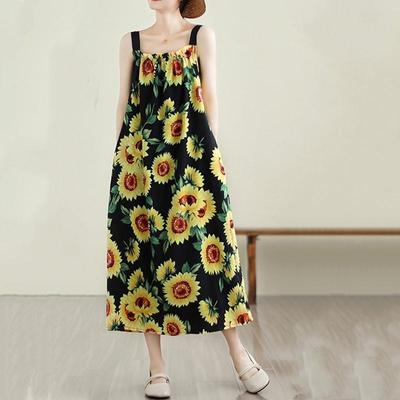 Correa sin mangas talla grande gasa Vintage Floral nuevo en vestidos para mujer vestido largo suelto Casual de verano