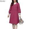 ZANZEA Women Casual Round Neck 3/4 Sleeve Loose Splice Dress