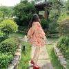 New Collar Floral Sweet Pleated Waist Lantern Sleeves Waist Top Skirt Seaside Vacation Suit Women