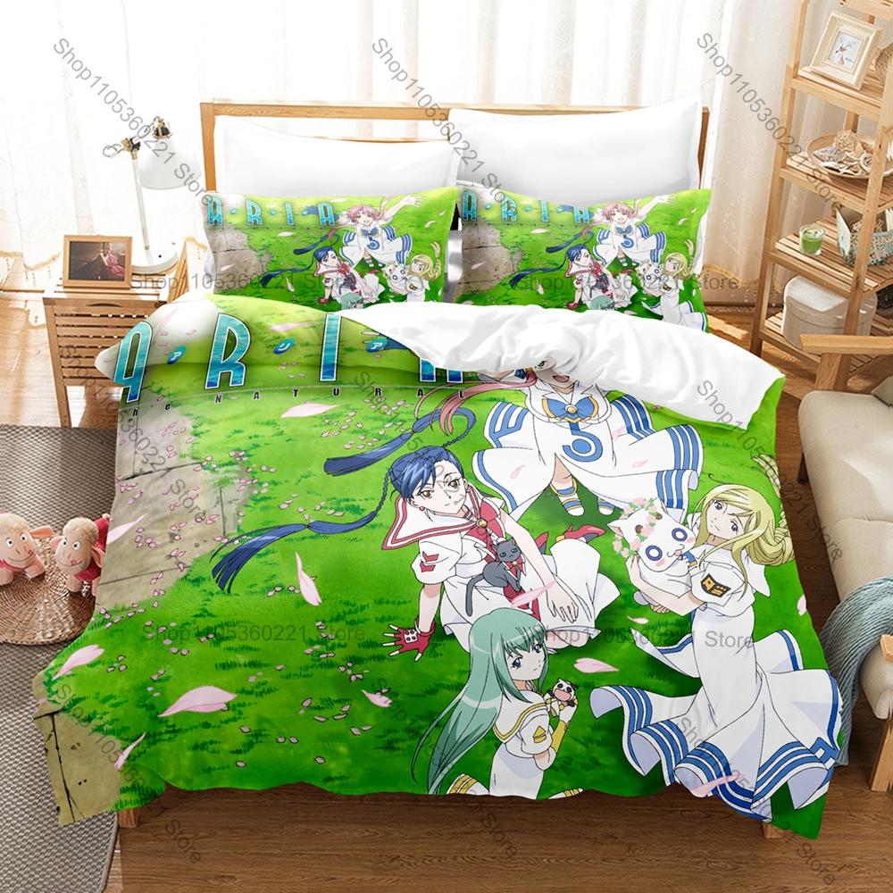 Havalı Aria the Natural Anime Nevresim Takımı + 2 Yastık Kılıfı 3D Şifalı Manga Baskılı Polyester Yatak Takımı Genç Odası Dekorasyonu