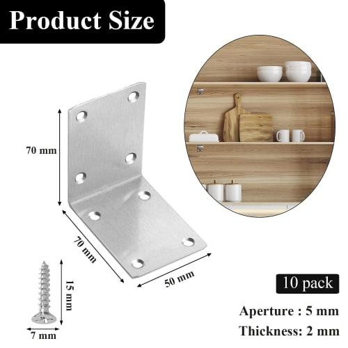 Wopanxye 10-Piece Set of Stainless Steel L-Shaped Shelf Brackets, Fixing Plates, Flat, Wooden Furniture, Kitchen Cabinets, 90-Degree Right Angle, L-Sh