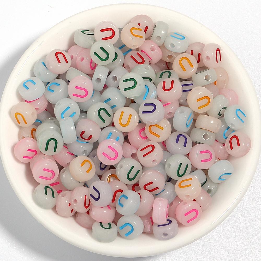 100Pcs/Lot 7mm Acrylic Luminous Beads Translucent Colorful Letter A-Z Flat Round Beads Diy Fashion Bracelet Necklace  Jewelry