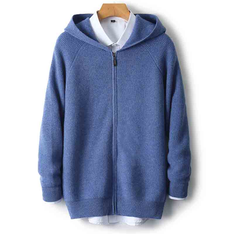 Autumn and Winter Men Wool Sweater Hooded Zipper Cardigan Thickened Knit Large-size Jacket Long Sleeved Sportswear Coat