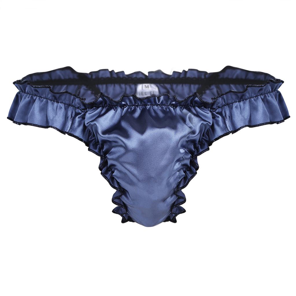 Mens Lingerie Soft Shiny Briefs Thong Panties Ruffled Frilly Sissy Bikini Briefs Thong Underwear Underpants