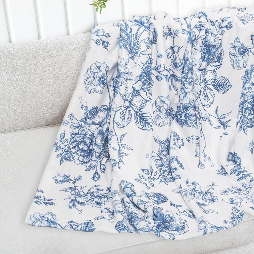 Floral Fuzzy Blanket Blue Flowers Throw Blanket Decorative Soft Cozy Flannel Blanket for Home Bed Sofa Couch Chair,