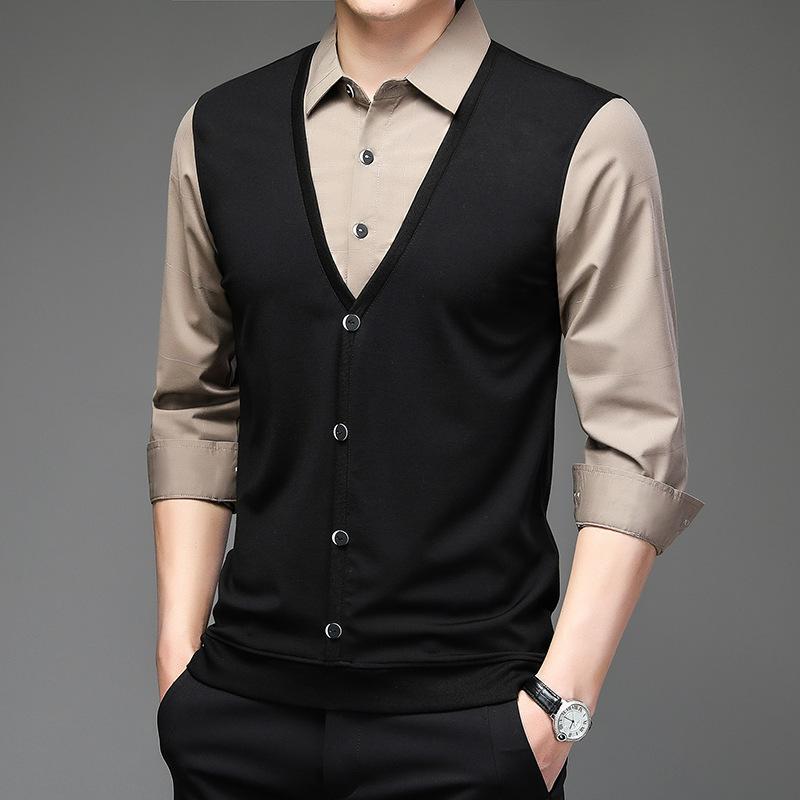 

Новая весенне-осенняя праздничная рубашка из двух частей с лацканами в деловом стиле, универсальная повседневная рубашка для мужчин среднего возраста 4XL