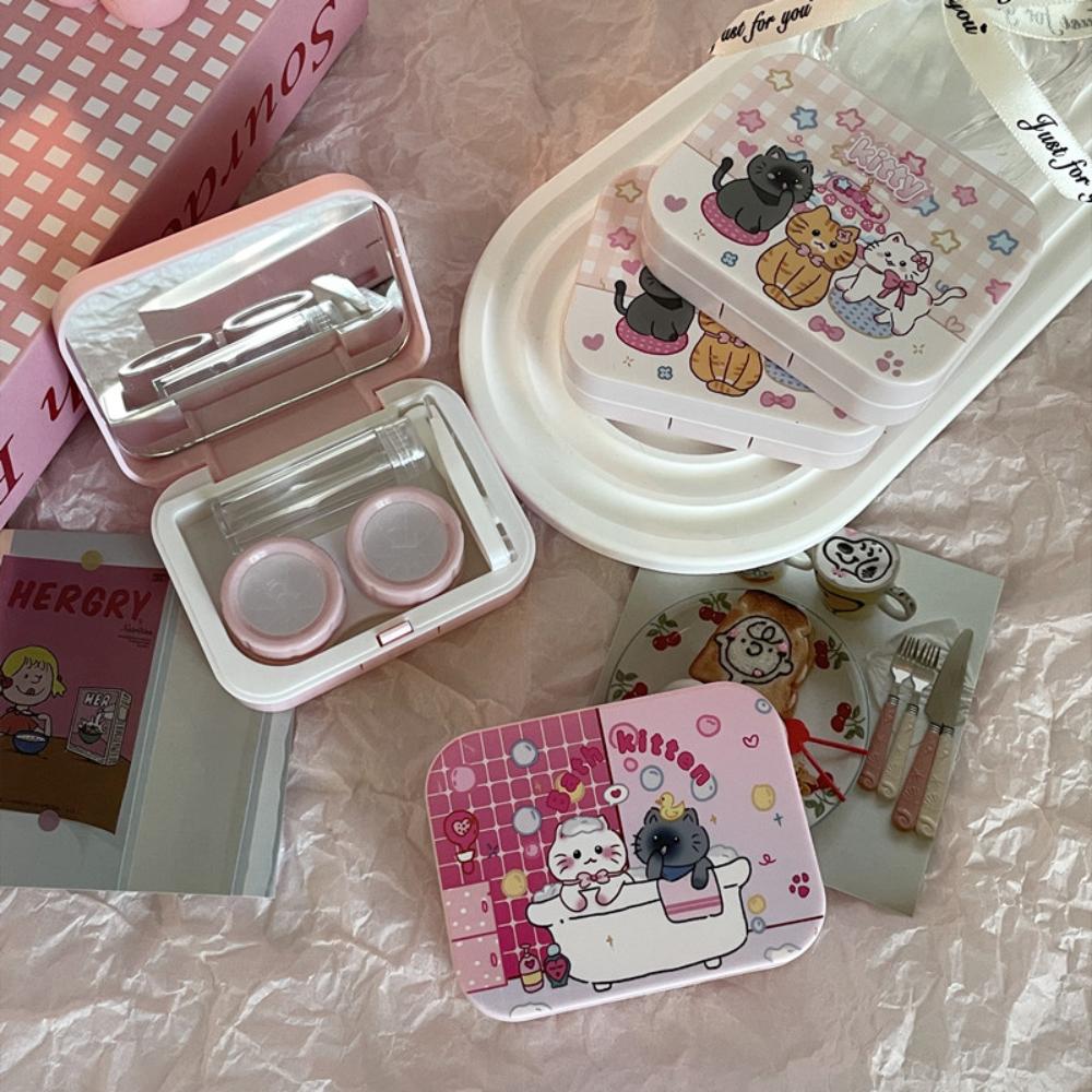 Mini Portable Contact Lens Case with Mirror Tweezer Suction Stick Set Kawaii Kitty Cat Contact Lens Storage Box Eye Care Tool