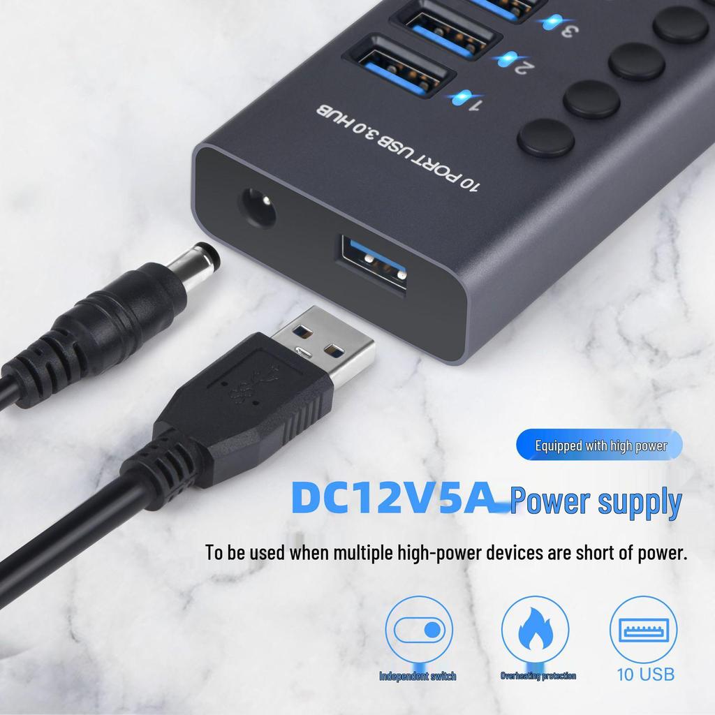 10-Port USB 3.0 Hub with Independent Switches and High Current Expansion Dock
