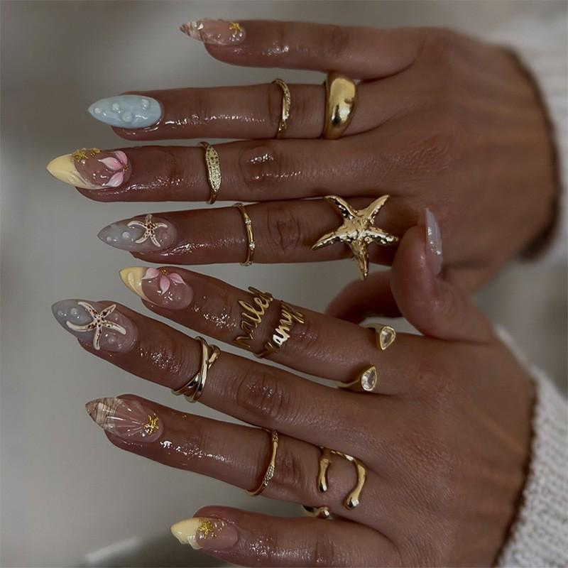 

Set of 30 3D Almond Nails with Starfish & Flowers - High-Grade French Nail Art Tips