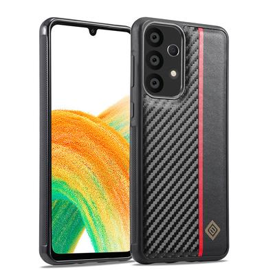 Case for Samsung Galaxy S10,S20,S21,S22,S23,A32,A12,M32,A52S...Carbon Fiber PU Splicing Fine Grain PU Paired with Red Vertical Stripes Phone Case