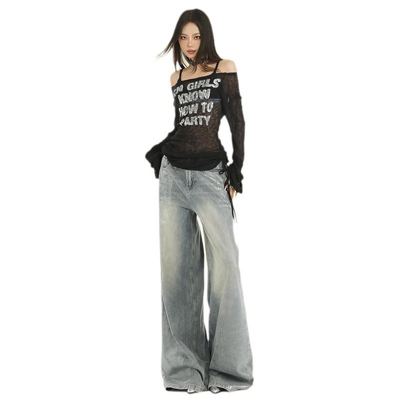 

Американские ретро свободные прямые широкие брюки женские осень и зима широкие джинсы женские осень и зима XL