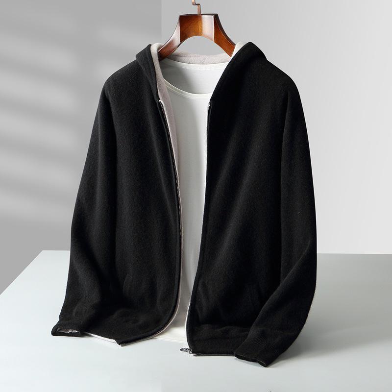 Men's Zipper Hooded Wool Cardigan - Thick Knitwear for Autumn/Winter