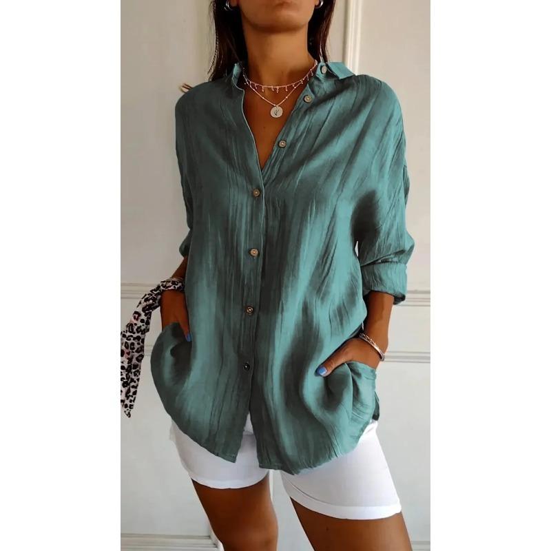 Camisa Casual de Verão com Decote em V e Botões Moda Feminina Solta Sólida com Lapela Camisa de Escritório Feminina Top Retrô