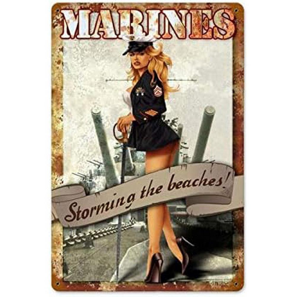 Military Pinup Girls Metal Tin Signs Vintage Plaque Plate Retro Wall Art Poster for Home Cafe Bars Pubs Iron Painting Decoration