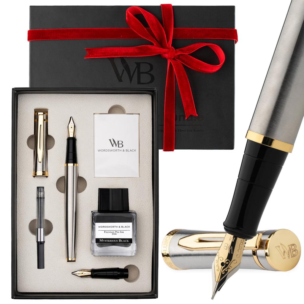 Wordsworth Black Fountain Pen Set with 18K Gold Medium and Extra Fine 25ML Black Ink 6 Ink Ink Refill Gift Pen Gift for Men and Women & Nibs, Bottle,