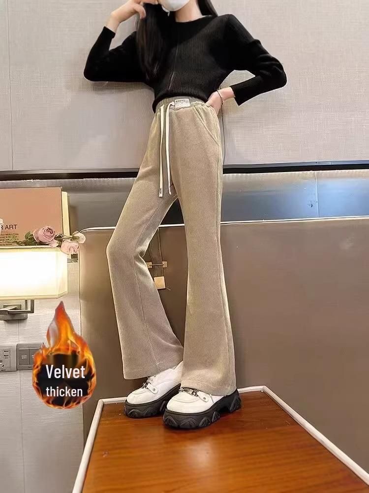Girls' Black Plus Velvet Straight-Leg Sweatpants - New Autumn/Winter 2025 for Junior High Students