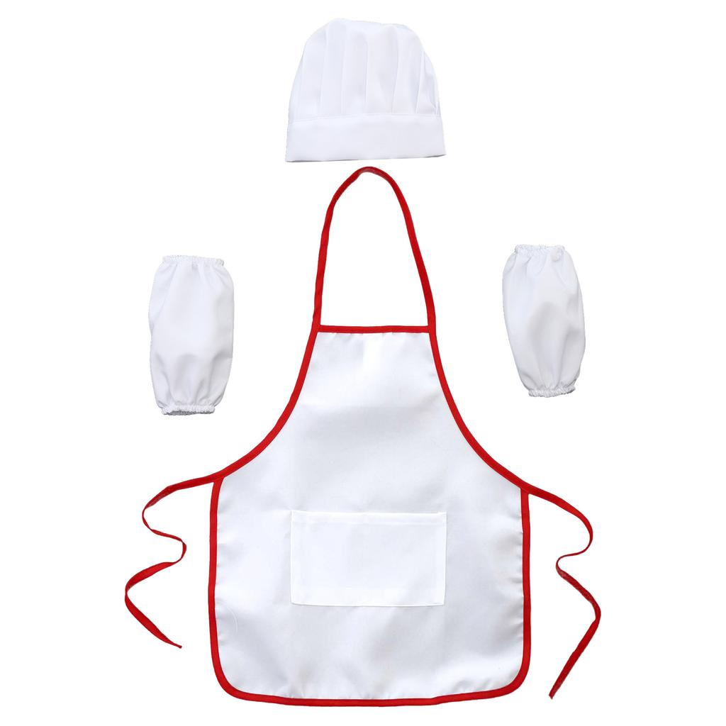 Children‘s Cooking Apron Set 3Pieces: Elastic Band Chef Hat, Oversleeves & Bib Apron with Pocket for Mess-Free Baking