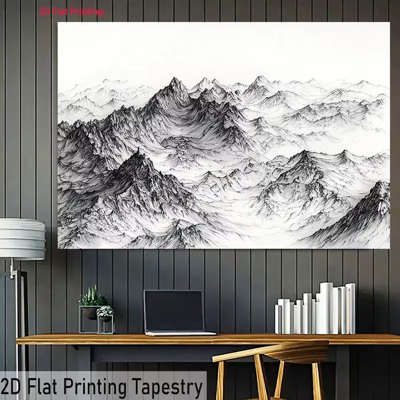 2D Monochrome Mountain Backdrop for Office, Ink Drawing Style Black and White Landscape
