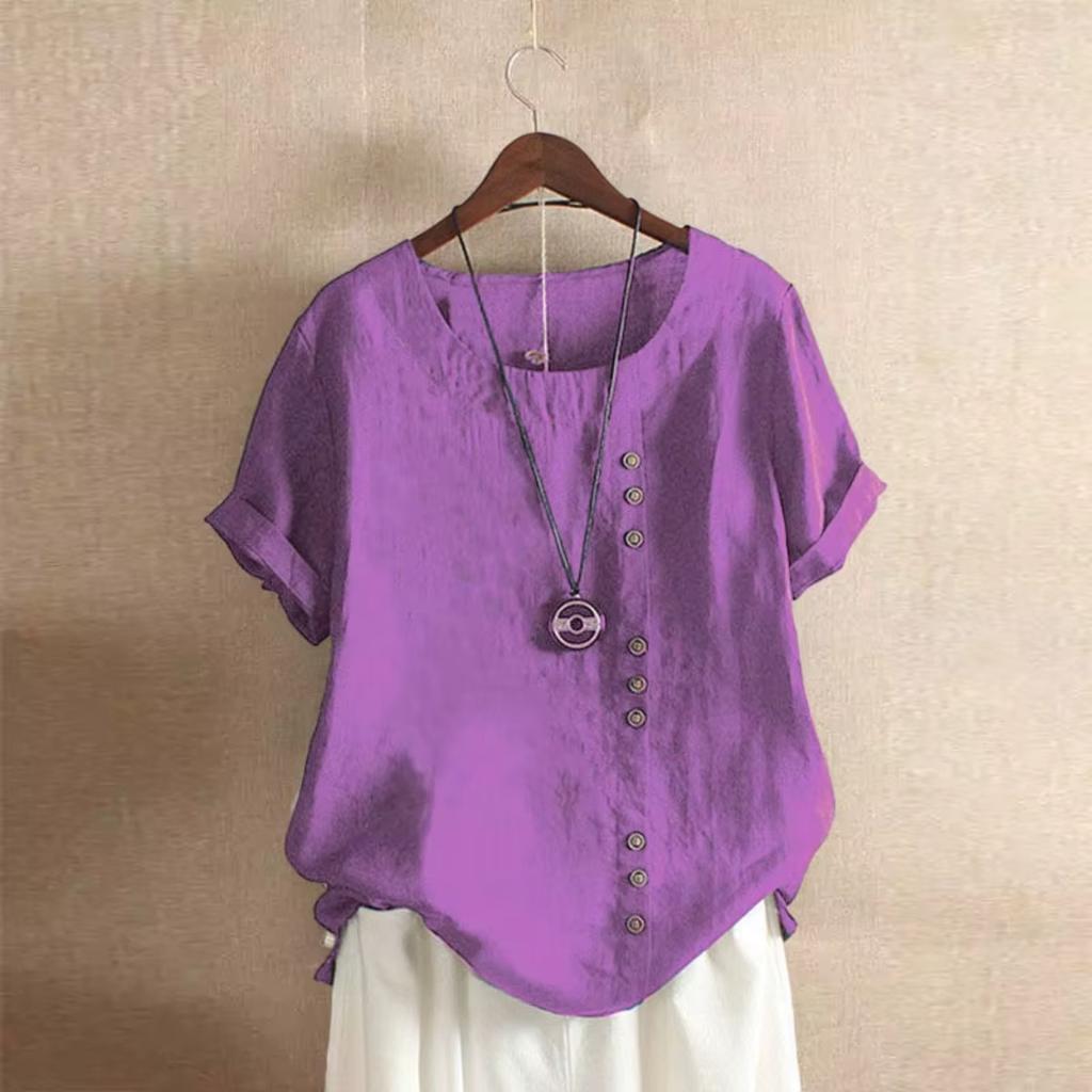 18 Colors S-5XL Women Cotton Linen Button Blouse Summer Female O-Neck Short Sleeve Solid Shirt Tops