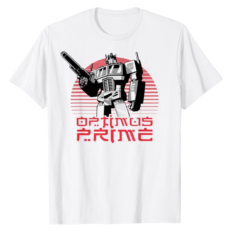 Retro Sunburst TShirt Transformers Optimus Prime Futuristic Font Graphic Print Crew Neck Cotton Trendy High Street Fashion Tops