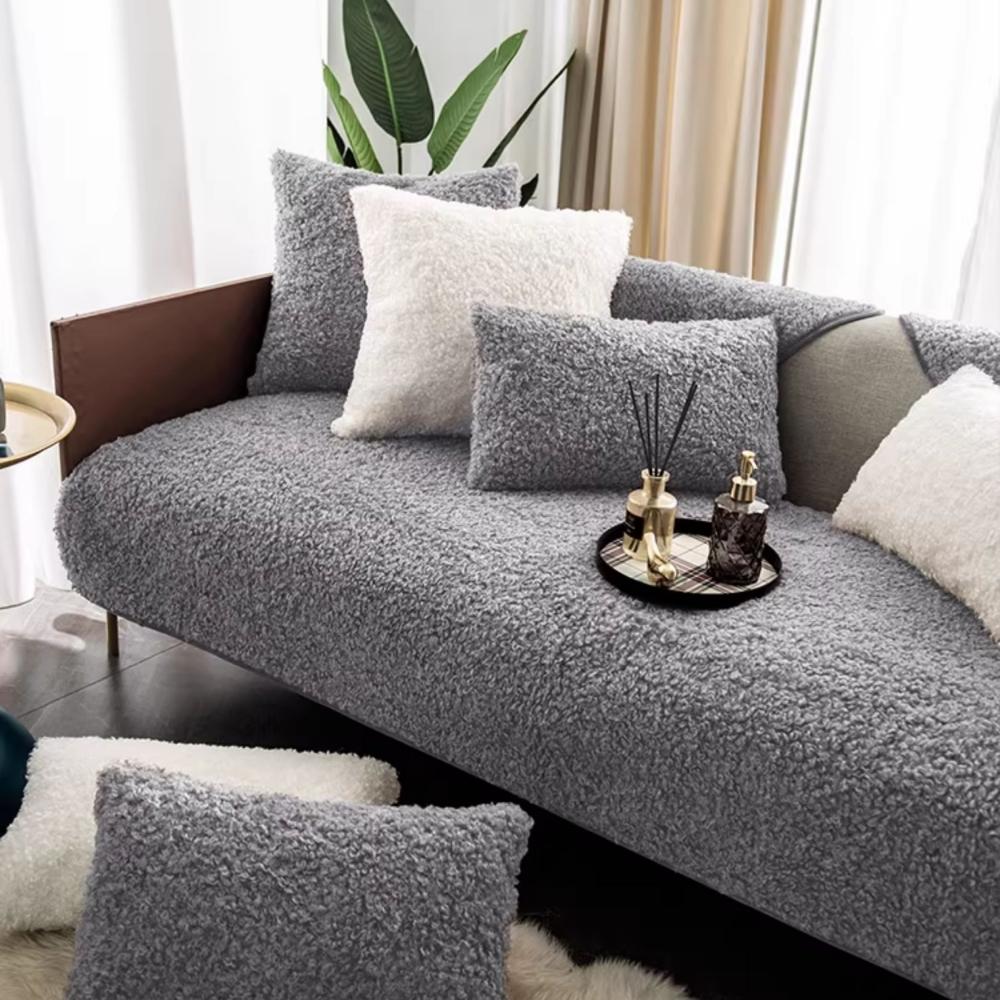 Fluffy Teddy Loops Thicken Warm Sofa Cover, Non-Slip Winter Sofa Towel for Living Room Couch Seat Cover Pet Friendly Slipcover