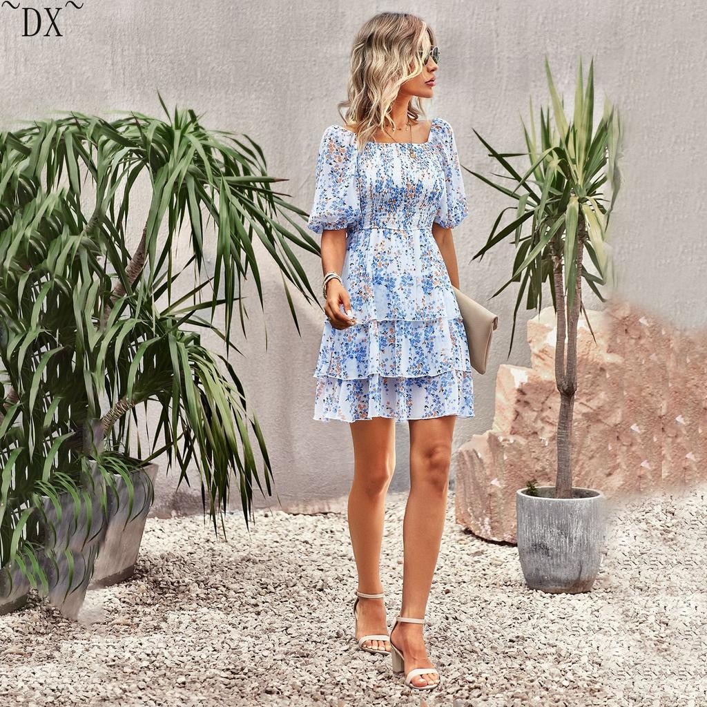 DX~~ Designer Women's Dress Spring and Summer French Square Neck Cake Skirt Independent Station Fashion Resort Women's Wear