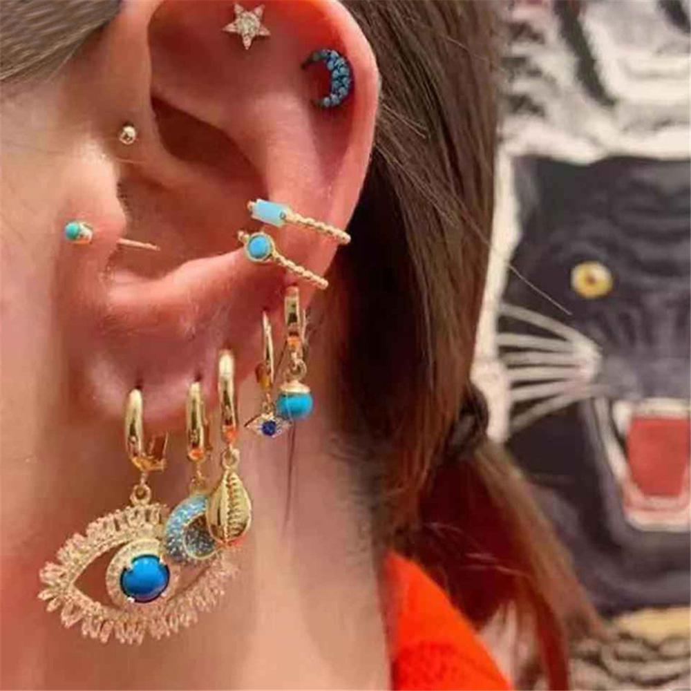 

Boho Vintage Geometric Drop Earrings For Women 2020 Eyes Moon Shell Star Crystal Faux Pearls Pendant Earring Set Female Zircon