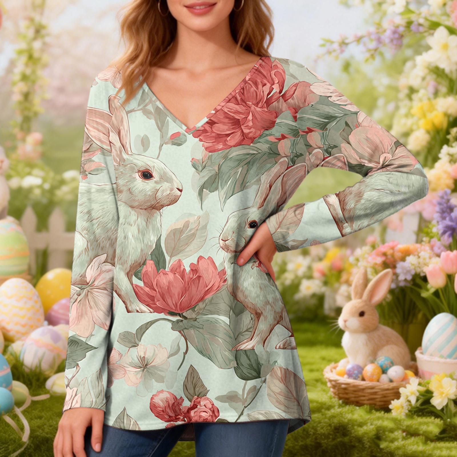 Women s Fashionable Casual Long-Sleeved Easter Print V-Neck Mid-Length Top XL
