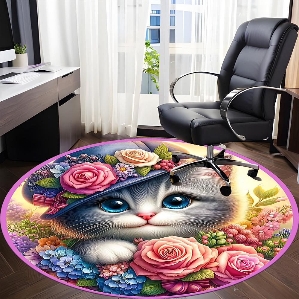 1pc Floral Cat Hat Chair Carpet for Office, Round Polyester Mat, Indoor Decor for Office, Easycare Fabric, Washable Non-slip Area Carpet
