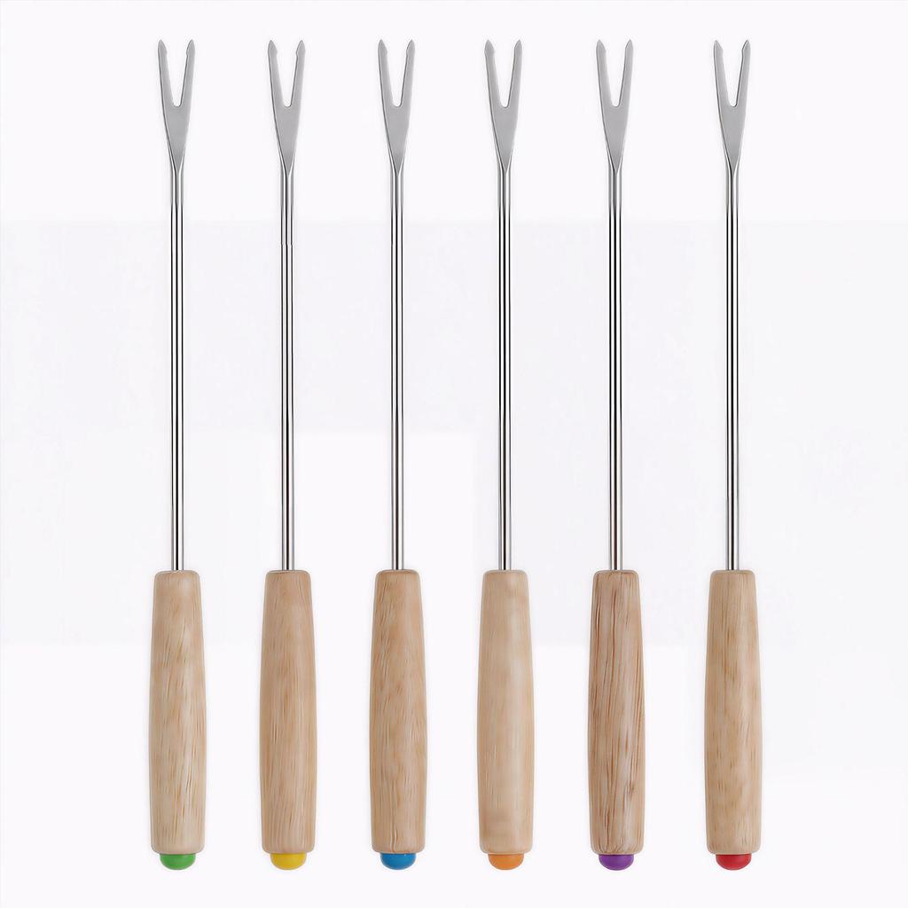 Oak Handle Fondue Fork Set - 6 Pieces for Cheese, Bread & Chocolate