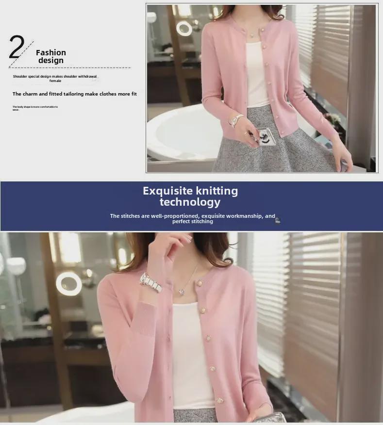 Women's Slim Round Neck Knitted Cardigan - Lightweight, Solid Color Sweater for Spring and Autumn