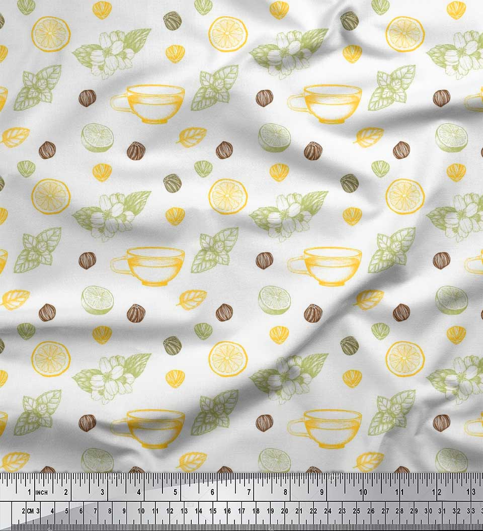 

Тканина Soimoi Black, японська креп-атлас, квіти, чайна чашка та скибочки лимона, рослинна тканина, принти на метр 42 дюйма 42 Inch Wide - Poly Crepe білий