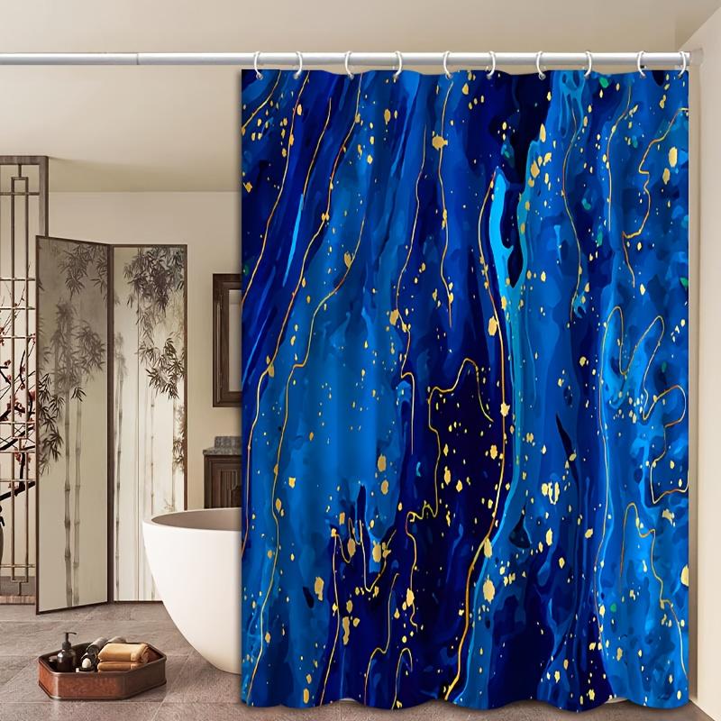 Abstract Blue and Gold Shower Curtain Marble Effect Golden Lines Waterproof Bath Decor Elegant Contemporary Bathroom Curtains