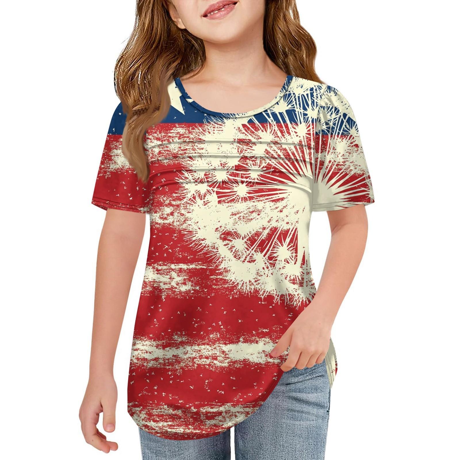 

Kids Pleated T-shirt Short Sleeve Summer Crewneck Printed Independence Day Casual Top T-shirt 160 червоний