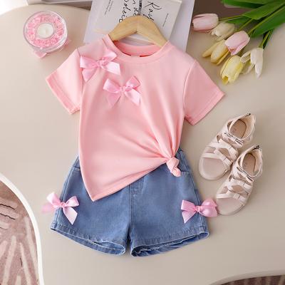 Mädchen Freizeitanzug Sommer Kindermode Rundhals Schleife Kurzarm Oberteil Denim Shorts Zweiteiler