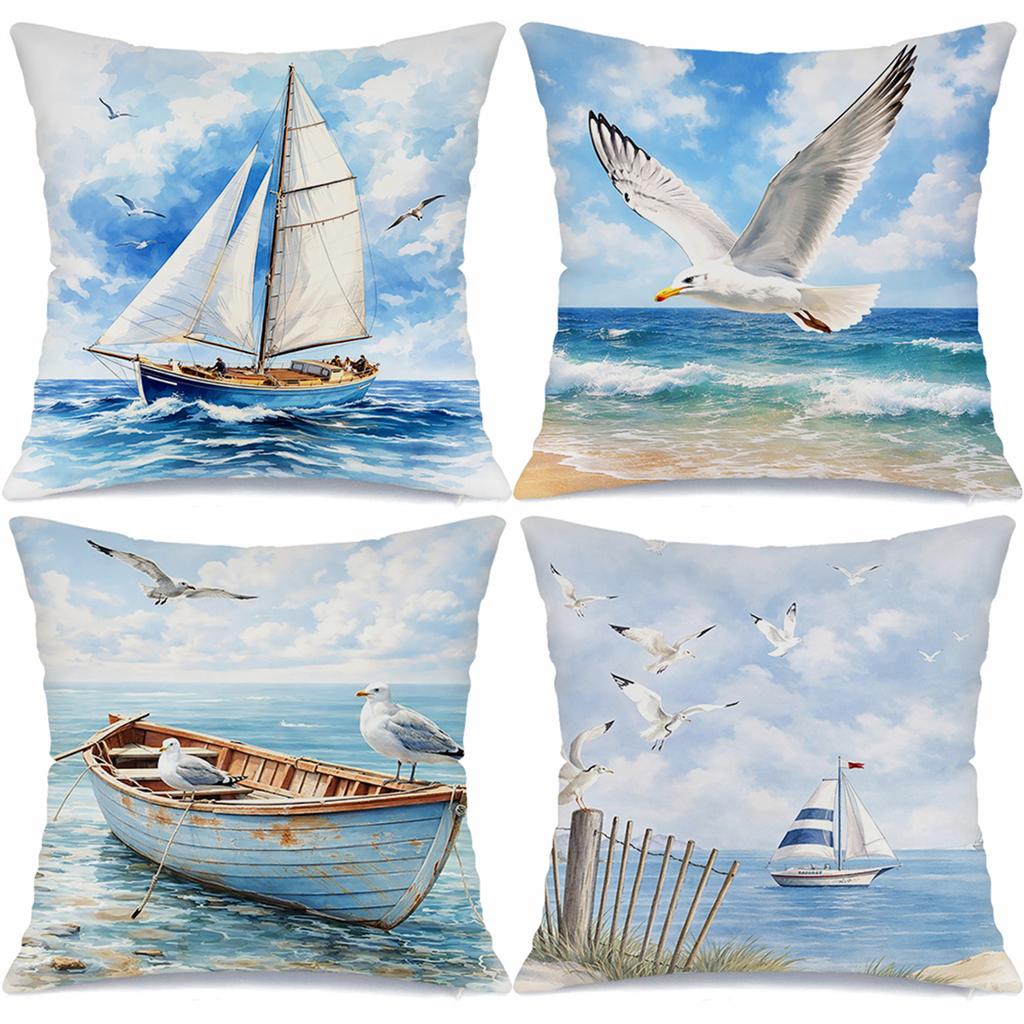 Watercolor Sailboat Seagull Digital Printing Pillow Cover Short Plush Suitable Living Rooms Bedrooms Sofas Throw Cushion Cover