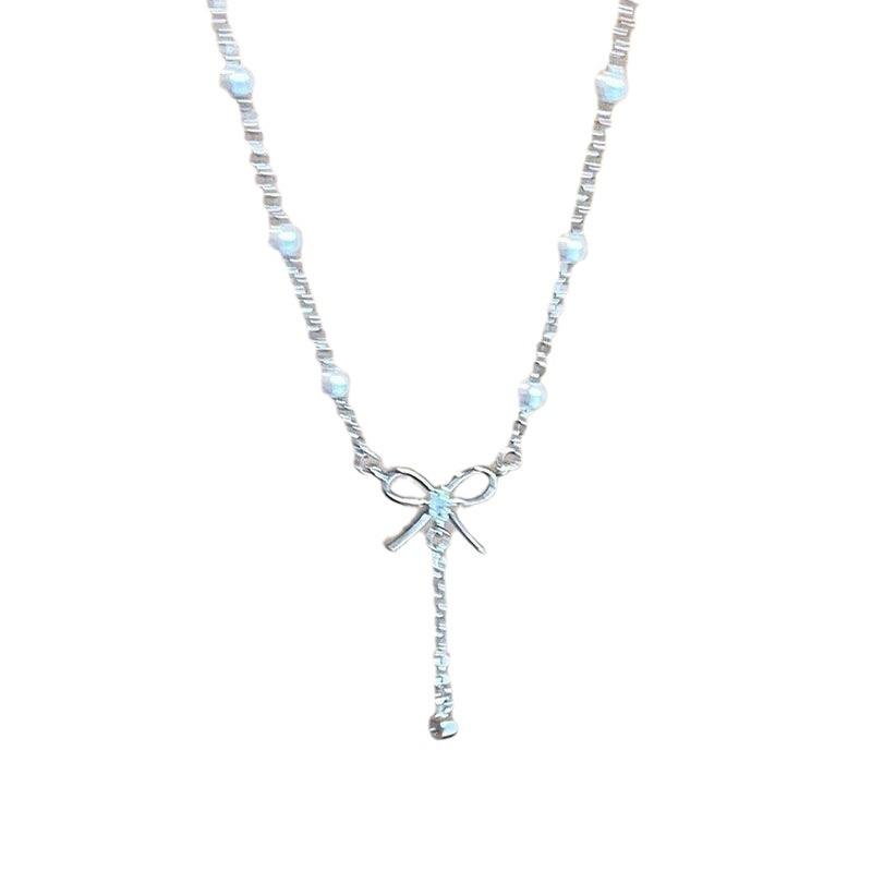 Girl bow necklace, female summer light luxury niche design sense temperament, pearl fringed collarbone chain, gift for girlfriend