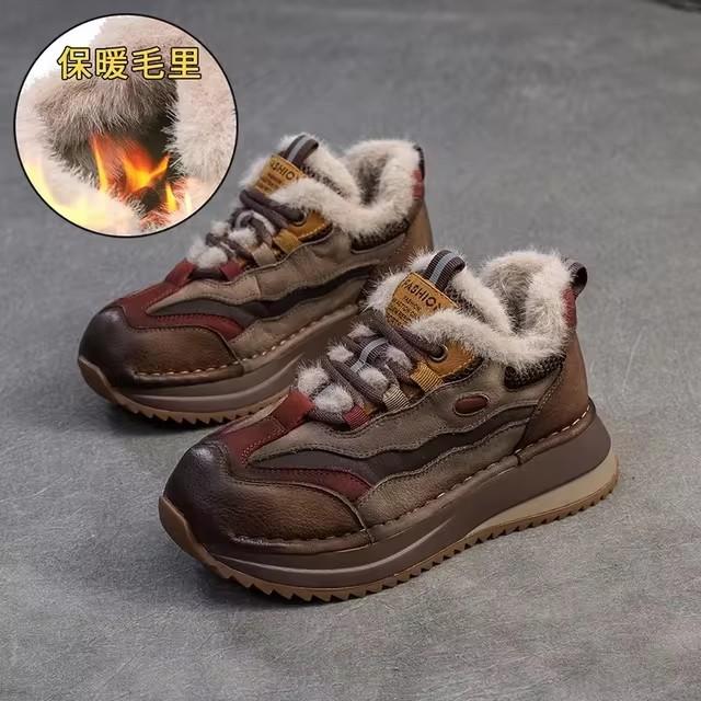 Fashion GKTINOO Genuine Leather Women Boots Lady Platform Flats Plush Warm Causal Autumn Winter Fashion Thick Bottom Sneakers Shoes